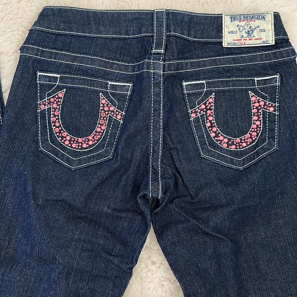 NWOT AUTHENTIC TRUE RELIGION DARK PINK CRYSTAL POCKET DENIM JEANS - Picture 1 of 8
